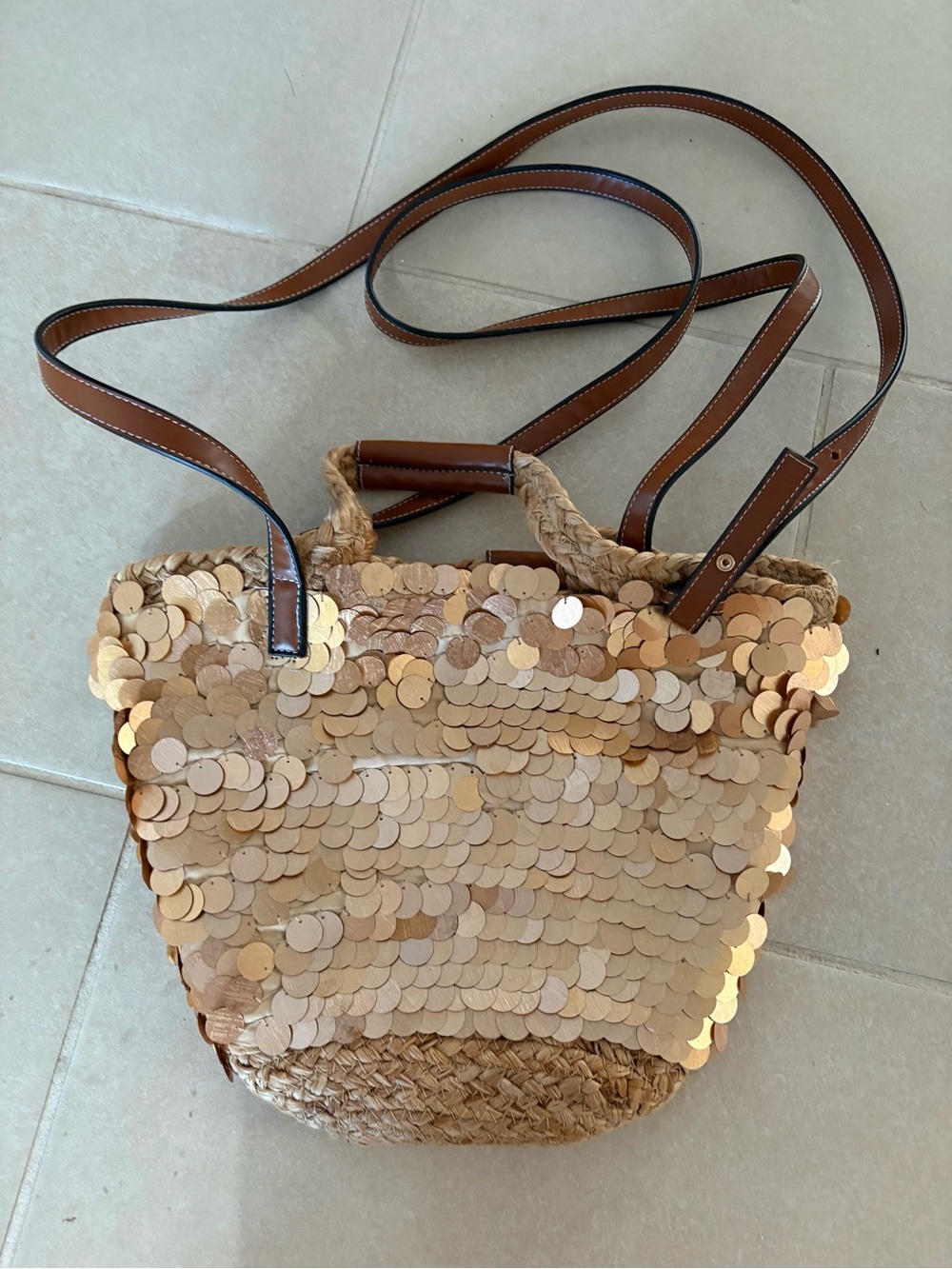 Zara Sequin Straw Woven Crossbody Bag Tan Beige Gold Champagne Embellished Boho